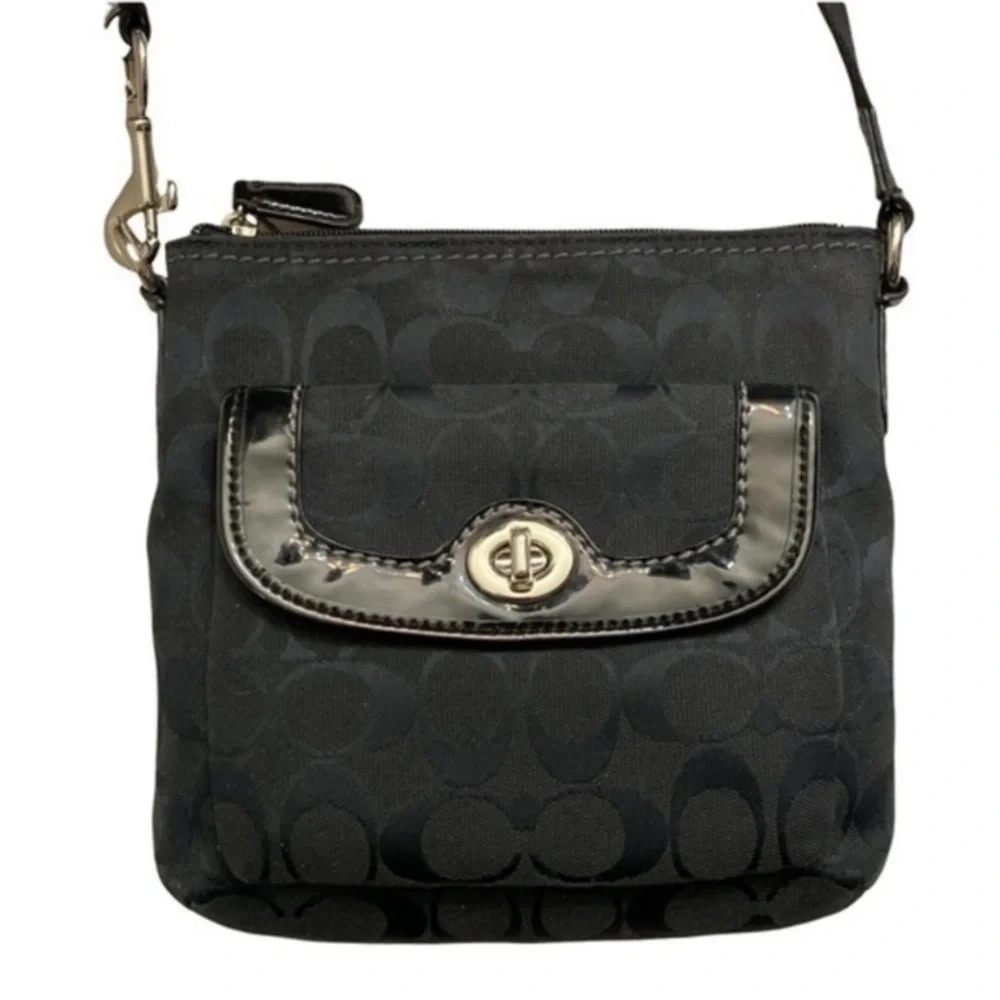Coach Black Signature Fabric Patent Leather Turn-Key Crossbody Purse Bag - Picture 2 of 7